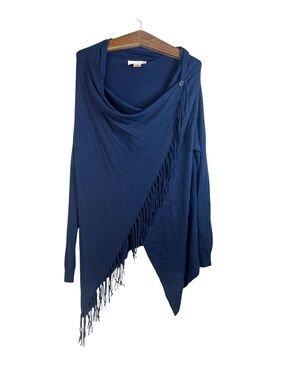 Lovestitch Blue Draped Fringe Poncho Sweater Boho Asymmetrical Shawl Wrap Size L